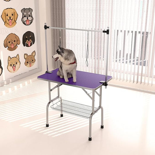 42" Dog Grooming Table Foldable Pet Grooming Tables with Adjustable Arm Noose Storage Mesh Tray Maximum Capacity Up to 330lbs Purple
