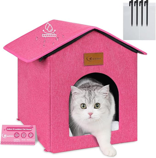 Outdoor Cat House for Shelter Feral Cat, Outside Waterproof Cat House for Outdoor/Indoor Cats, Insulated Cat Bed for All Seasons with Cozy Cushion (Rose Pink, Zip Style)