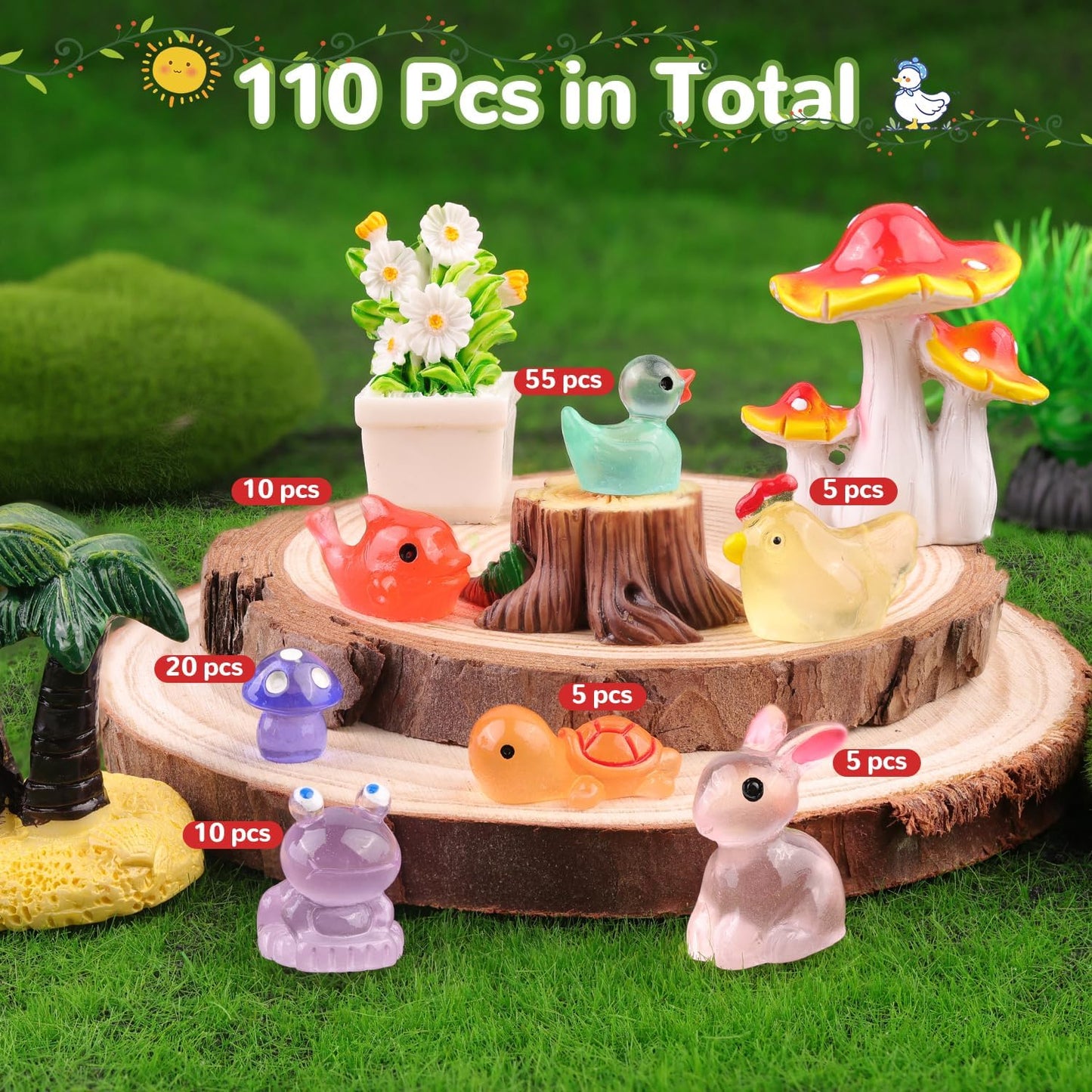 110PCS Mini Resin Animals Tiny Cute Glow Figures in Dark, Miniature Figurine to Hide, Little Animal Toys Small Accessories for Topper Desk Garden Dollhouse Landscape Aquarium Ornaments Crafts & Decor