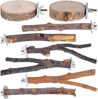 Libiline 8 Pieces Bird Perch Natural Wooden Parrot Perch Stand Fork Toys Hanging Multi-Branch Perches Platform Hammock Swing Toy for Macaws, Small Parakeets, Conures, Budgies, Finches (A-Color, Mix)