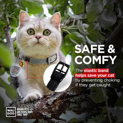 Leather Cat Collar with Bell and Safety Elastic Strap Breakaway Alternative for Small & Large Kittens, Stylish Pet Leather Collar for Boy, Girl Cats with Metal Buckle & QR ID Tag (Gray)
