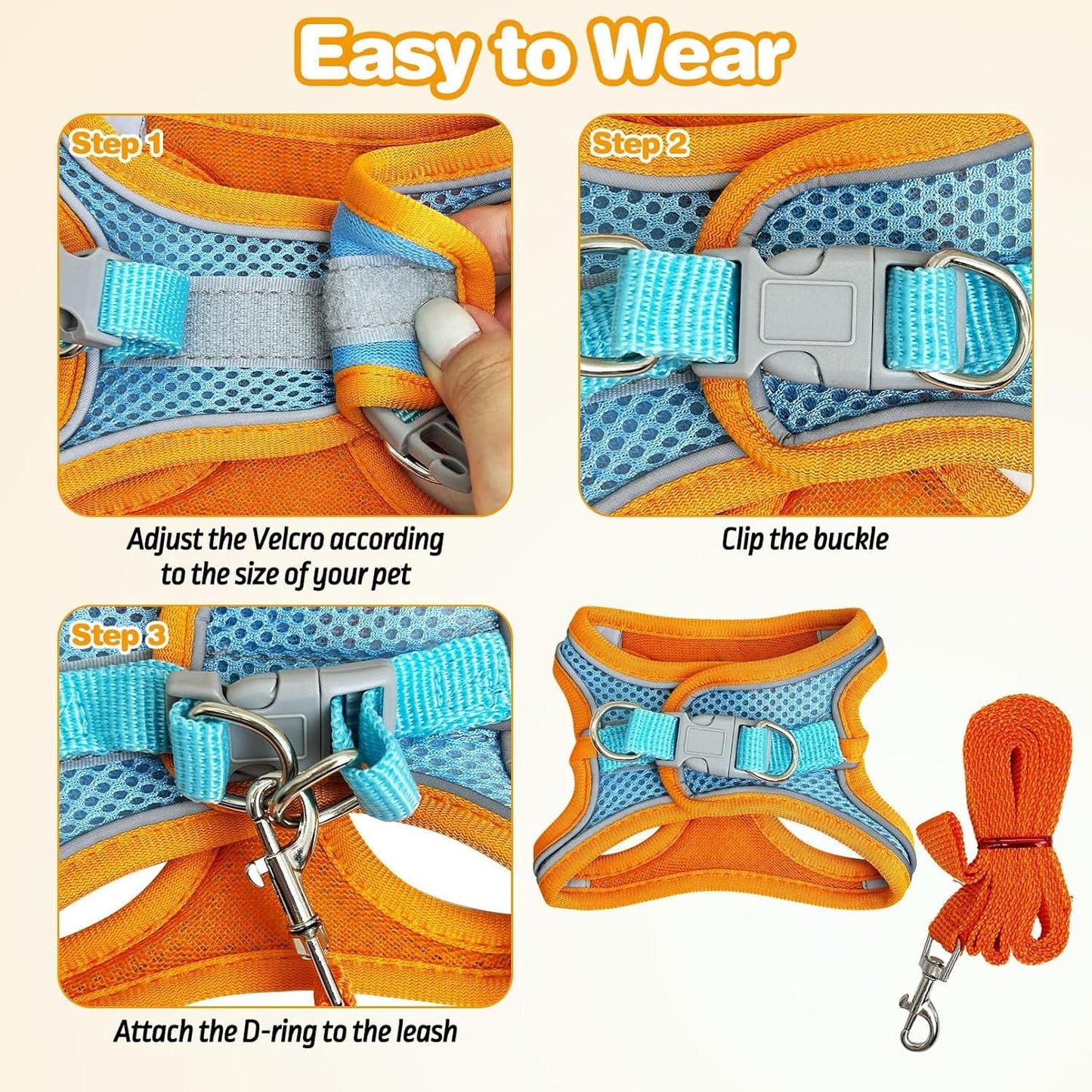 PINVNBY 2 Pack Bunny Hsrness and Leash Set Adjustable Rabbit Harness with Reflective Strips Double Buckle Pet Vest Eescape Proof for Small Rabbit Kitten Puppy Walks Accessories (Orange Blue, S)