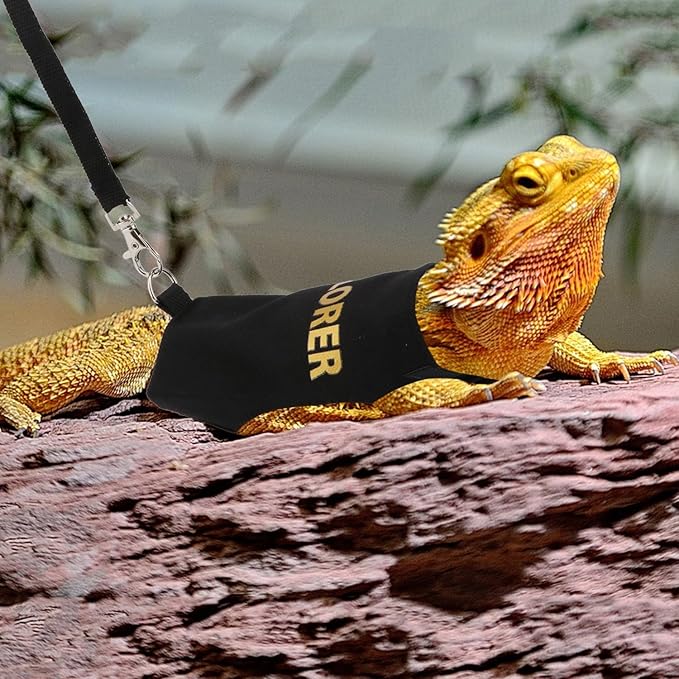 Hypeety Bearded Dragon Harness and Leash Set Adjustable Escape Proof Leash Outdoor Walking Training Leash and Harness for Bearded Dragon Lizard Reptiles Small Pets Black (Explorer)
