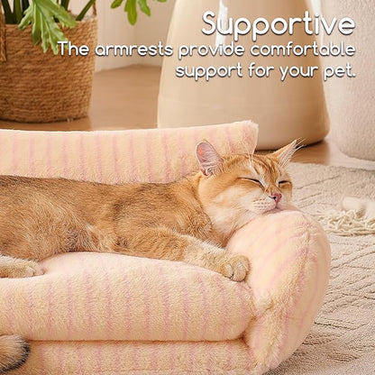 Hollypet Cat Bed Fluffy Plush Mutifuctional Double-Layer Soft Pet Couch Orthopedic Sofa Nest Beds for Small Cats and Dogs, Pink Stripes (21x15x8 inch)