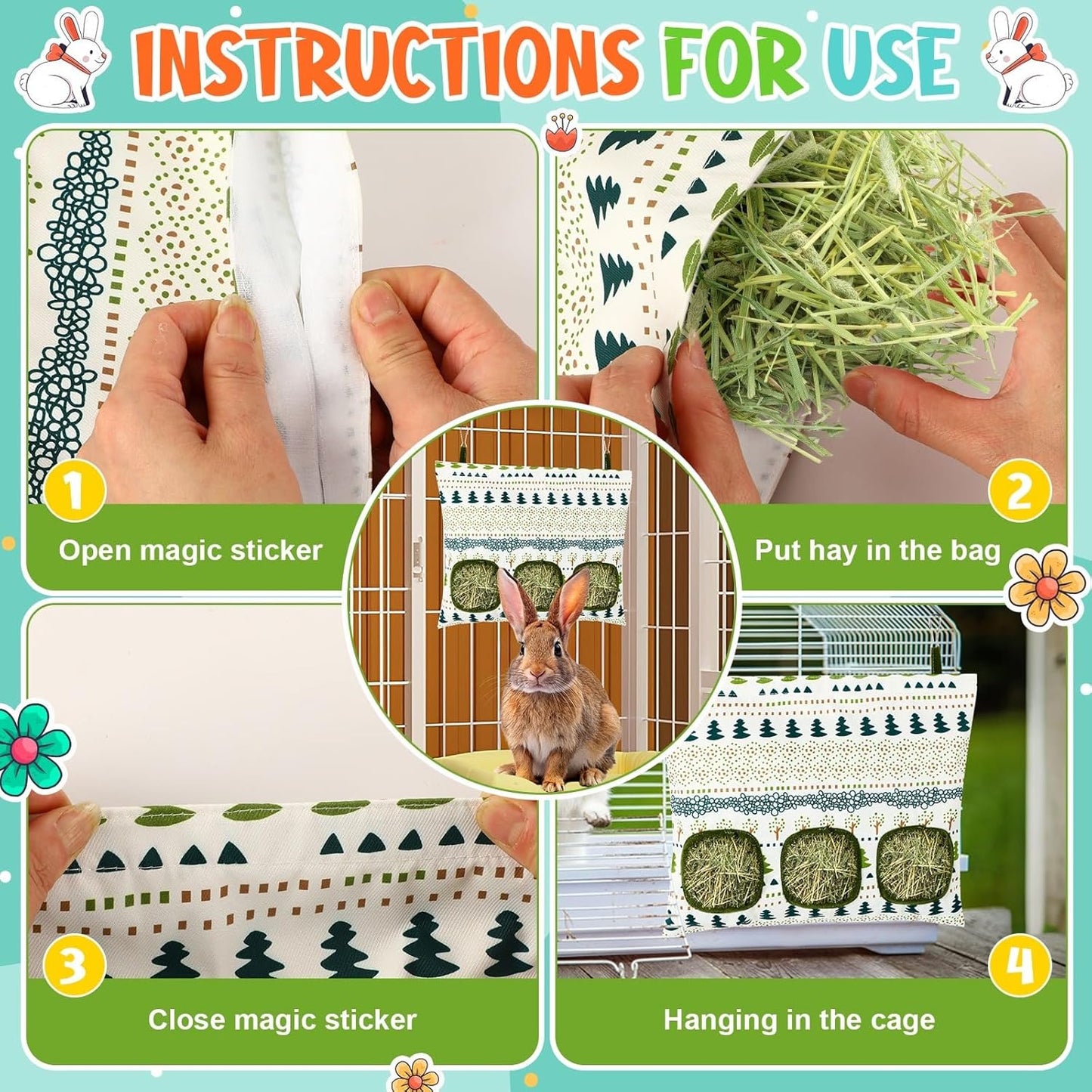 UPINS 2 Hay Bag for Rabbits 3-Hole Guinea Pig Hay Bags Hanging Hay Feeder, Hay Feeder for Rabbits Small Pets Chinchillas Hamstersand Animals