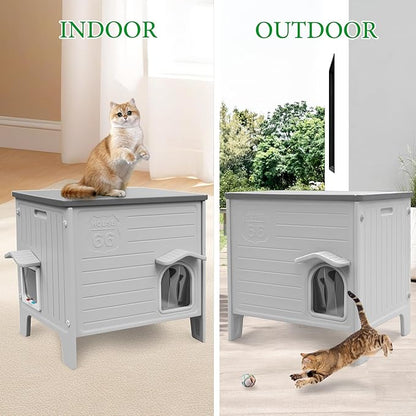 Cat House Outdoor Weatherpoof Plastic Cats Houses with Escape Door Indoor Waterproof Feral/Pet Cat Shelter Outside for Puppy, Rabbit(Grey)