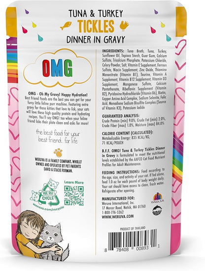 Weruva B.F.F. OMG - Best Feline Friend Oh My Gravy!, Tuna & Turkey Tickles with Tuna & Turkey in Gravy Cat Food, 3oz Pouch (Pack of 12)