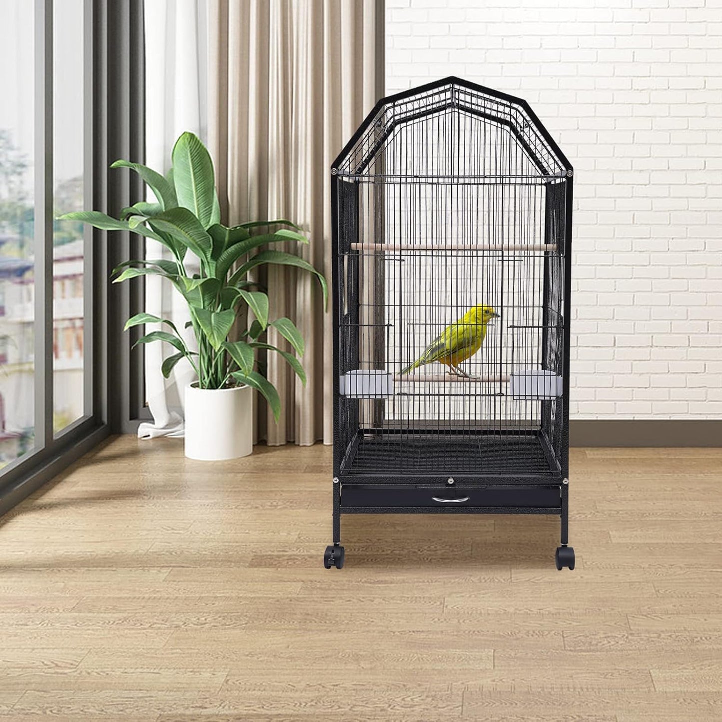 Large Bird Cage, Movable Pet Bird Flight Cages with 5 Doors, Panorama Bird Aviary Indoor with Stand 17.9x17.9x39.9, Fit for a Canary, Finch, Cockatiels, Conures, Parrot, Lovebirds