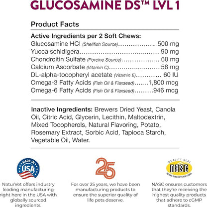 NaturVet Glucosamine DS Level 1 Maintenance, Joint Care Support Supplement for Dogs and Cats, Soft Chews, Made in The USA