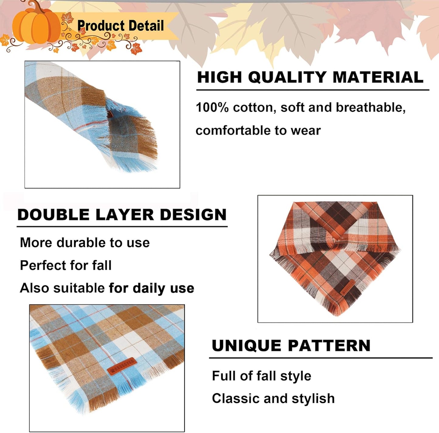 ADOGGYGO Fall Dog Bandanas with Tassels Edges, Stylish Plaid Pet Halloween Thanksgiving Scarf Bib, Orange Plaid Fall Bandanas for Small Dogs Pets (Small)