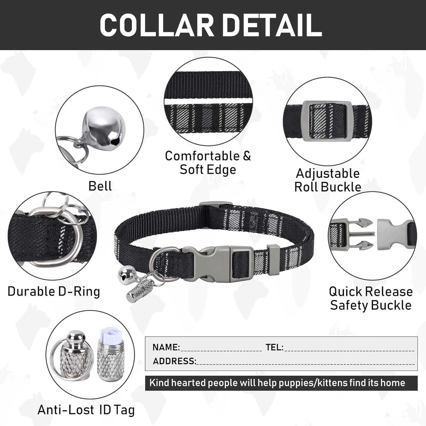 GAMUDA Small Dog Harness Collar and Leash Set, Step in No Chock No Pull Soft Mesh Adjustable Dog Vest Harnesses Plaid Reflective for Dogs Puppy Cats Kitten Rabbit (Black, XXXS)