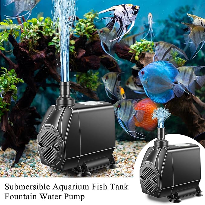 Submersible Pump, Small Fountain Pump with Tubing, Submersible Water Pump for Aquarium Fish Tank Indoor or Outdoor Pond Fountain Hydroponics Statuary (80W 1700GPH, No Led Light)