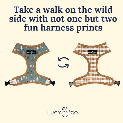 Lucy & Co. Cute Reversible Dog Harness Walking Halter - Best Designer Pet Harnesses for XS - XL Dogs - Padded Adjustable Vest for Easy Walking (Large, Neutral Brown Plaid with Blue Trees)