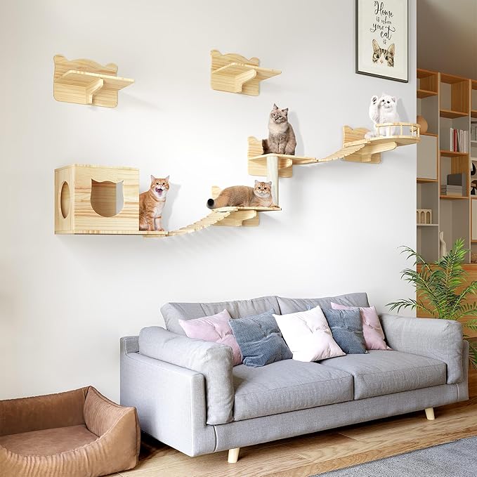 Solid Wood Cat Wall Shelves, Cat Wall Furniture Wooden Feline Shelf, 9 Piece Shelves and Perches with Bed, House, Steps, Bridge Ladder and Scratching Post