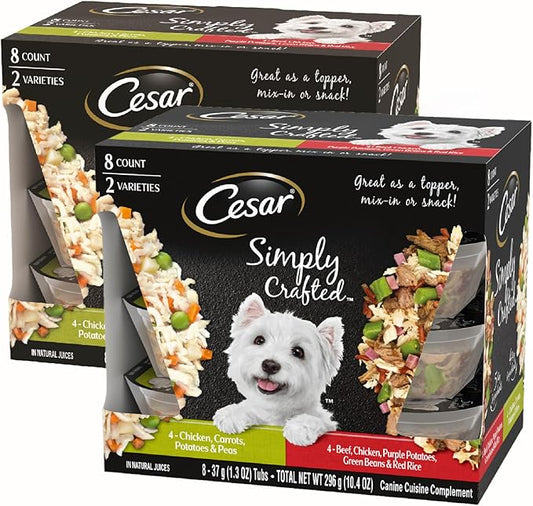 Cesar Simply Crafted Adult Wet Dog Food Meal Topper, Chicken, Carrots, Potatoes & Peas and Beef, Chicken, Purple Potatoes, Green Beans & Red Rice Variety Pack, 1.3oz. (8 Count, Pack of 2)