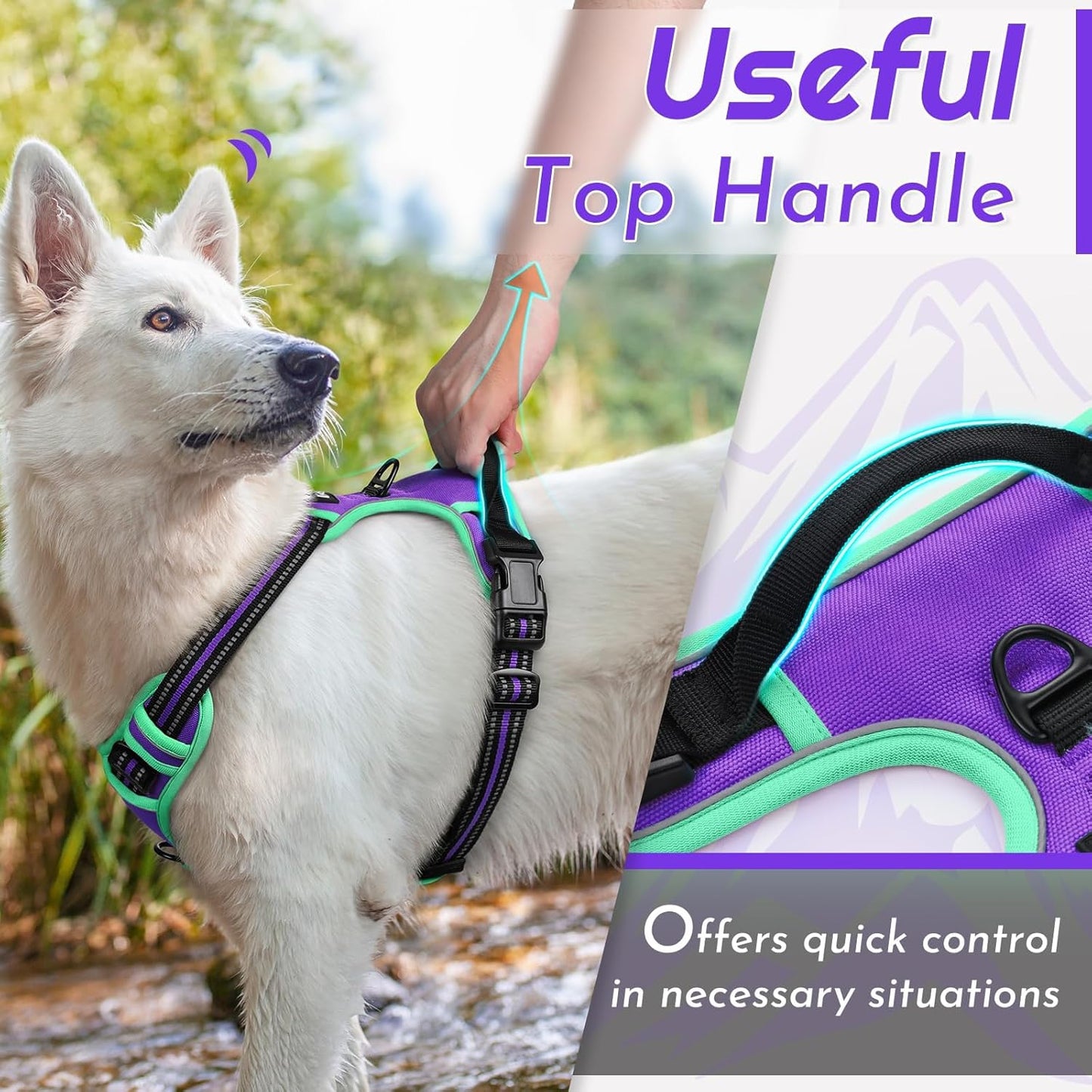 Eagloo Dog Harness Medium Sized Dogs, No Pull Service Vest with Reflective Strips and Control Handle, Adjustable and Comfortable for Walking, No Choke Harness with 2 Metal Rings, Purple & Green, M