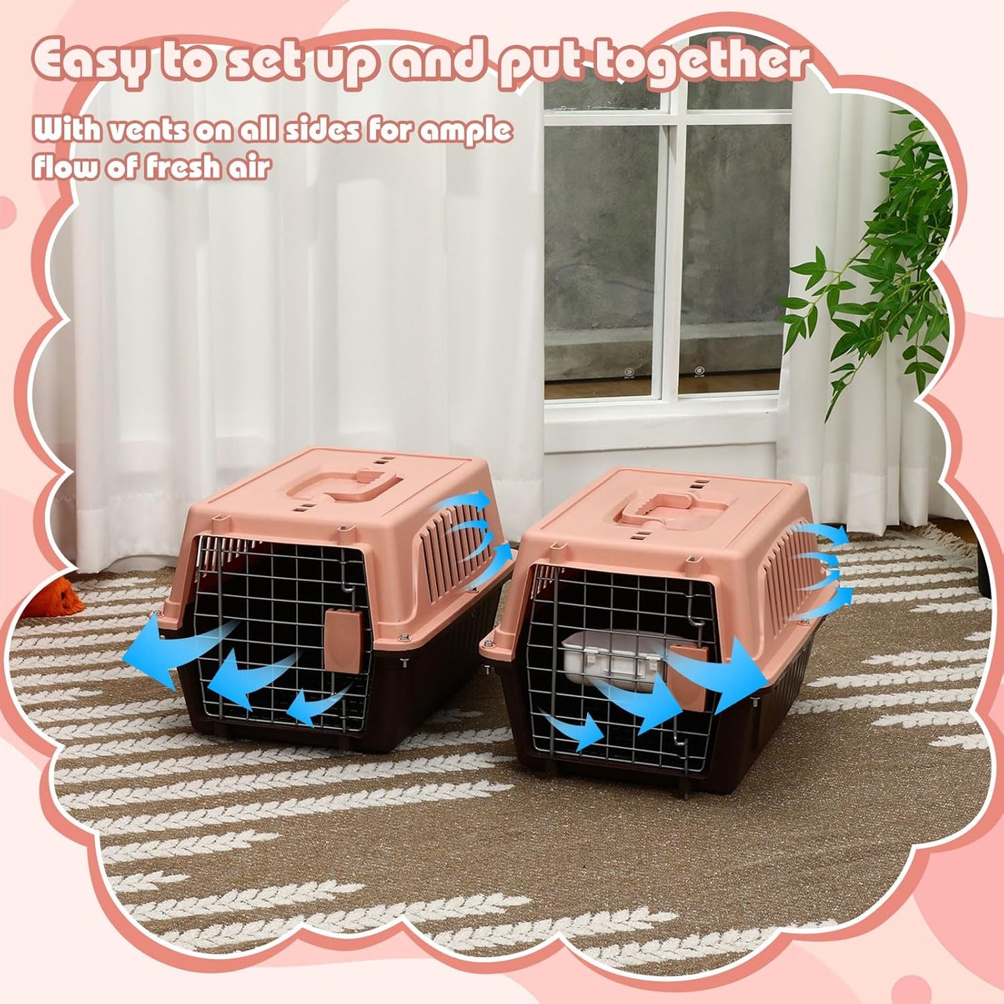 2 Set Pet Carrier for Small Dogs and Cat, Hard Shell Plastic Dog Crate with Bowl and Cooling Pad Fully Breathable Portable Kennel for Small Pet Travel Camp (Brown,18.9 x 12.6 x 11.8 Inch)