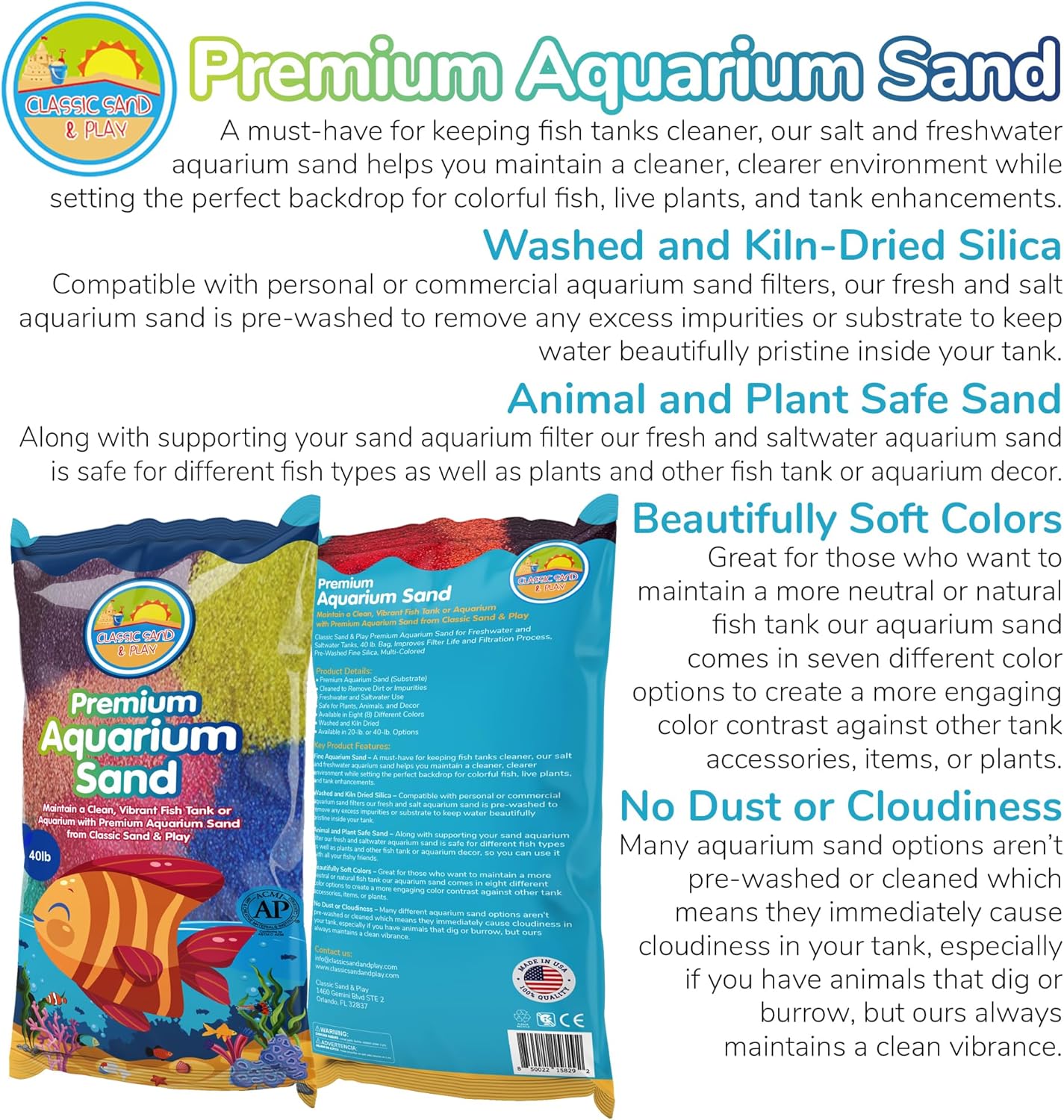 CLASSIC SAND & PLAY Natural Aquarium Sand for Freshwater and Saltwater Tanks, 40 lb. Bag, Improves Filter Life and Filtration Process, Pre-Washed Fine Sand, Rainbow