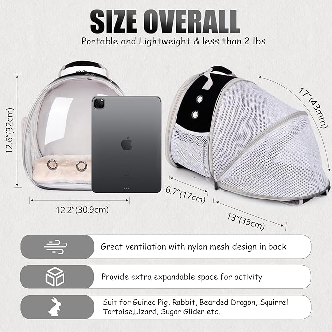 Back Expandable Backpack for Small Animals, Portable Travel Bag Breathable Pet Carrier Cages for Bunny, Guinea Pig, Bearded Dragon, Lizard, Rabbit, Squirrel, Tortoise, Kitten, Sugar Glider