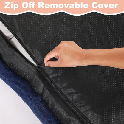 Bedfolks Waterproof Dog Crate Pad, Plush With Removable Cover, Faux Fur for Large Dogs, Fluffy Washable Kennel Bed 35"x23", Solid Dark Blue