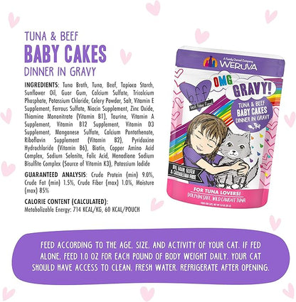 Weruva B.F.OMG - Best Feline Friend Oh My Gravy!, Tuna & Beef Baby Cakes with Tuna & Beef in Gravy Cat Food, 3oz Pouch (Pack of 12), Purple (0152)