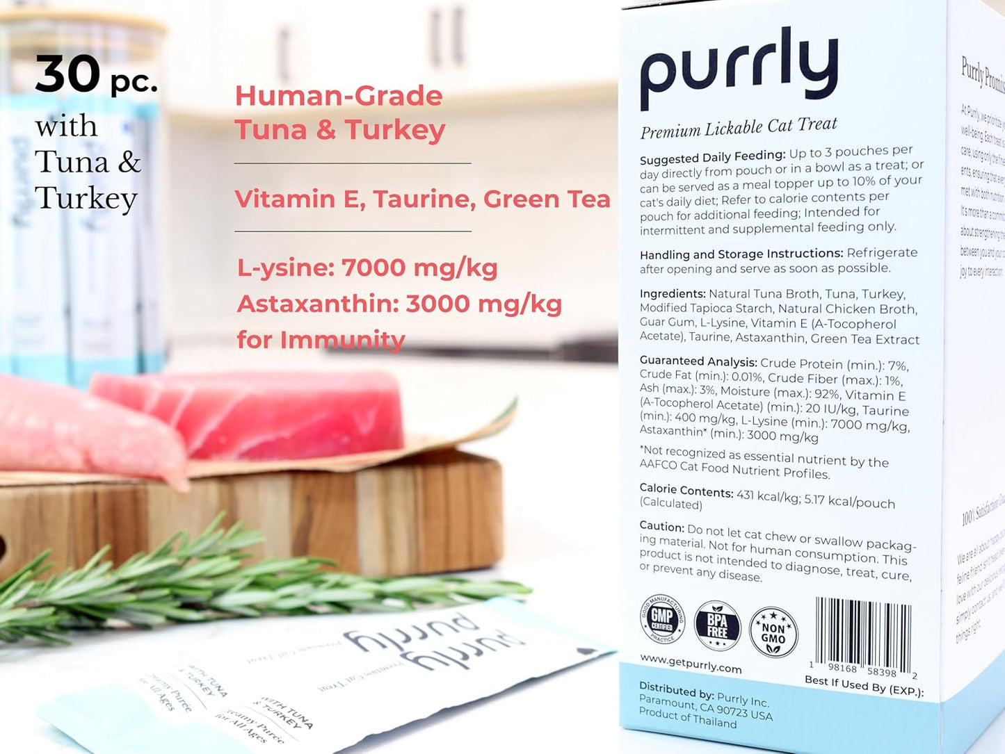 Purrly Lickable Cat Treat Healthy Human-Grade Tuna & Turkey with L-Lysine & Astaxanthin for Immunity (30 Count) Soft Healthy Low Calorie Hydrating Interactive Snack