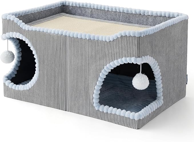 Bedsure Cute Cat Scratcher House for Indoor Cats - Extra Wide Cat Scratch House with Large Removable Top Sisal Pad for Multi Cats, Foldable Cave Hideaway for Entertainment, 23.6x15.9x12.6inches, Grey