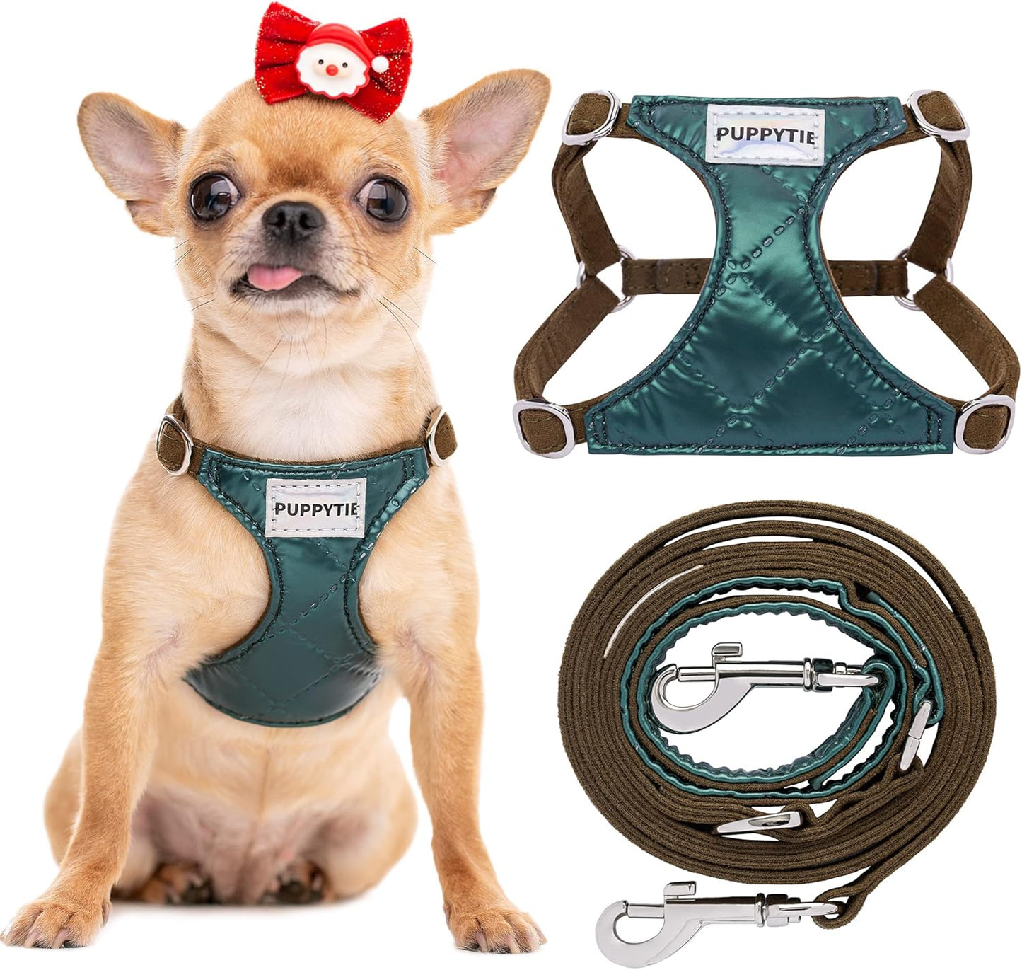 Puppytie No Pull xs Dog Harness with Multifunction Dog Leash,Soft Adjustable No Choke Escape Proof Pet Harness Vest,Glossy Dark Green,XXS