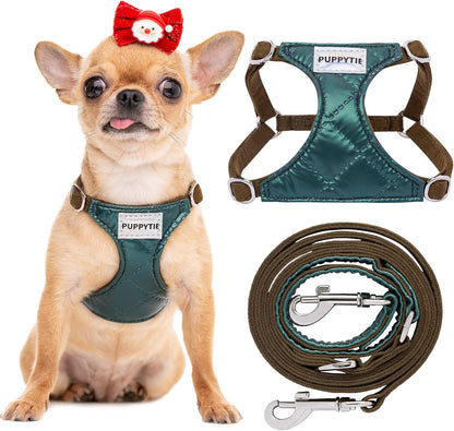 Puppytie No Pull xs Dog Harness with Multifunction Dog Leash,Soft Adjustable No Choke Escape Proof Pet Harness Vest,Glossy Dark Green,XXS