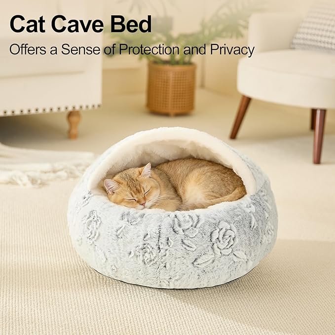 Calming Dog Beds & Cat Cave Bed with Hooded Cover,Removable Washable Round Beds for Small Medium Pets,Anti-Slip Faux Fur Fluffy Coved Bed for Improved Sleep,Fits up to 15/25 lbs(Rose,S)
