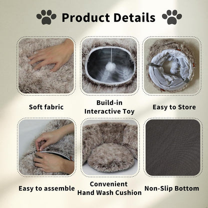 Cat Tunnel Bed for Indoor Cats with Washable Cushion Cat Cave Donut Tunnel with Fluffy Ball Big Round Tube Pet Playground Toys Soft Plush Peekaboo for Kitten, Cat, Puppy, Rabbit, Ferret（Brown）