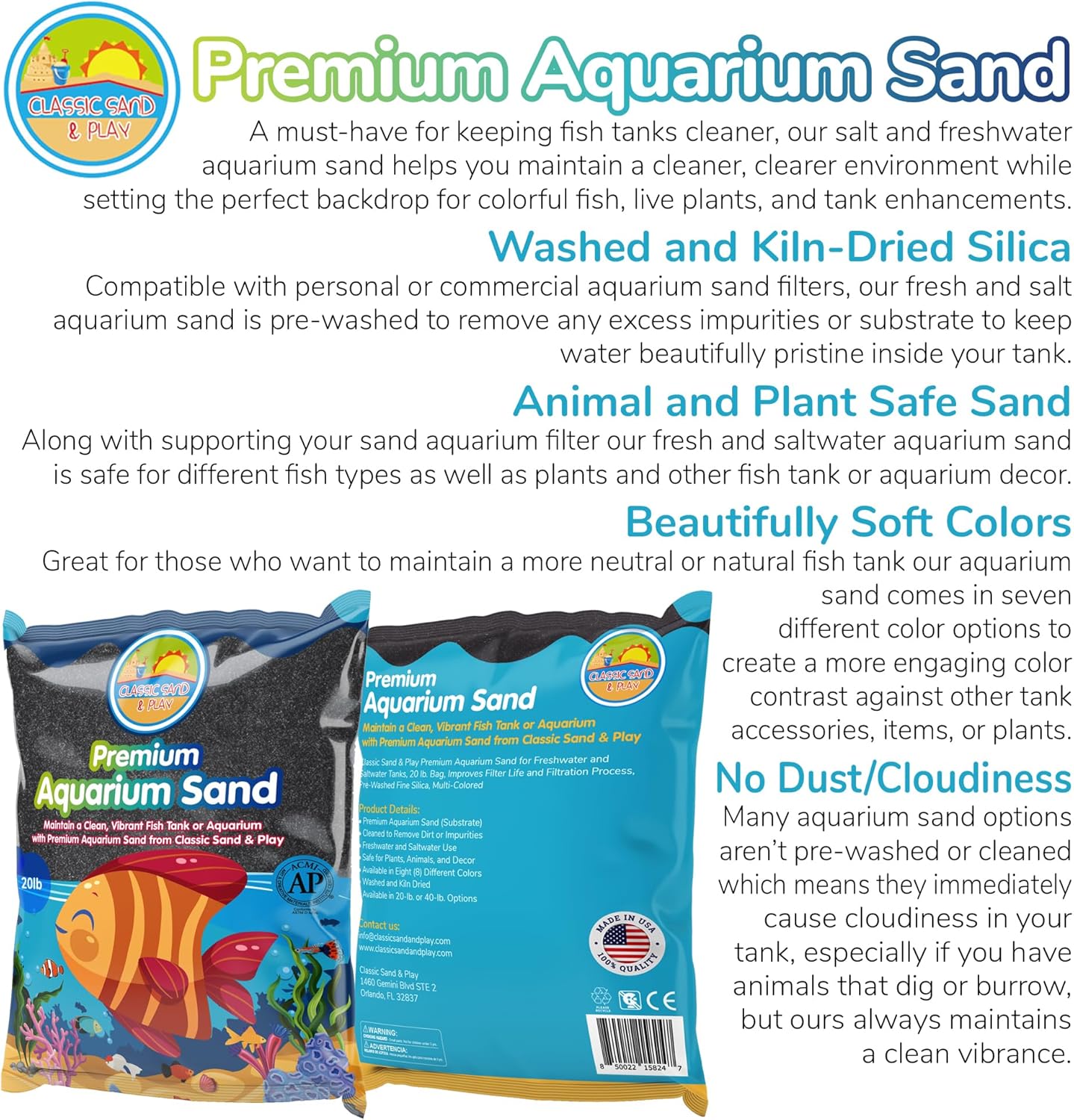 CLASSIC SAND & PLAY Natural Aquarium Sand for Freshwater and Saltwater Tanks, 20 lb. Bag, Improves Filter Life and Filtration Process, Pre-Washed Fine Sand, Black