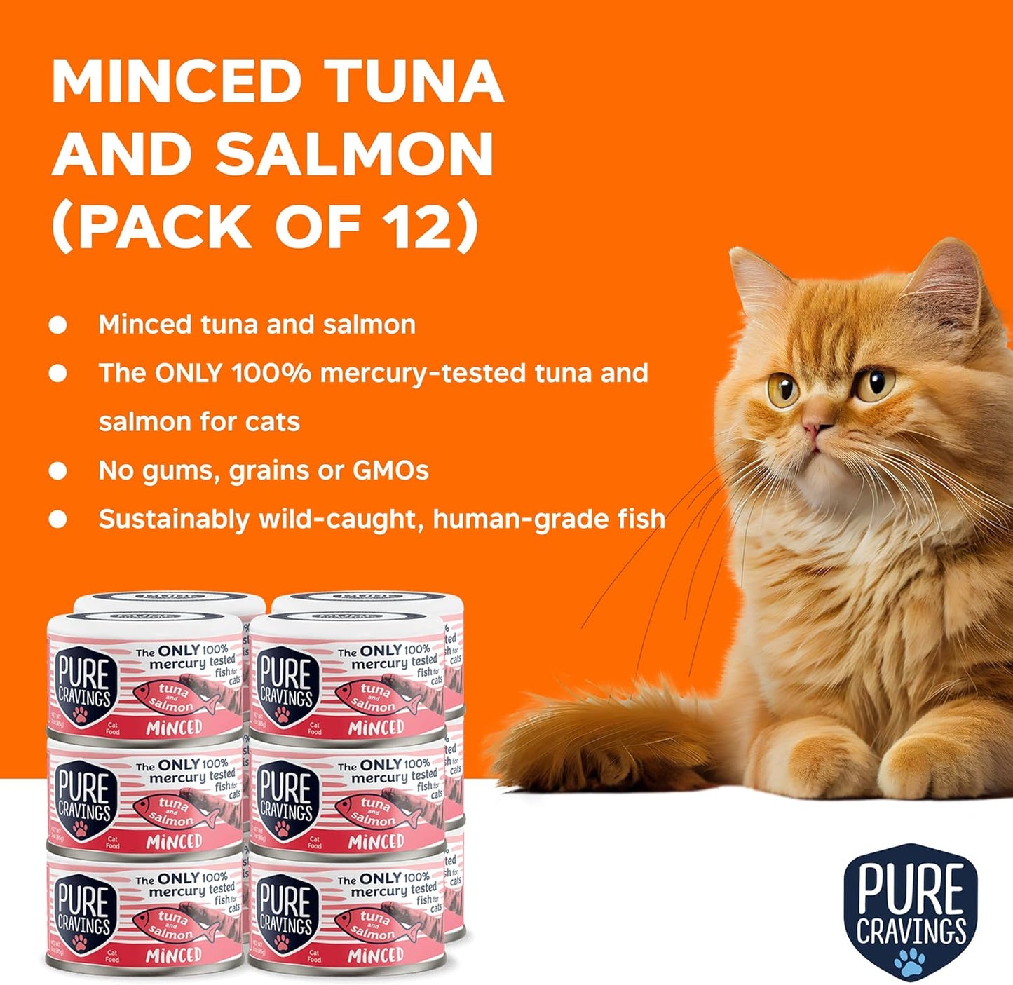 Pure Cravings Minced Tuna and Salmon Wet Canned Cat Food, 100% Mercury-Tested, Moist Can Fish for Cats, Grain-Free, Protein, Non-GMO, 3oz, Pack of 12