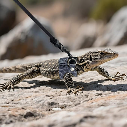 AIITLE 3 Pack Adjustable Bearded Dragon Harness and Leash Set - Leopard Print, Comfort Soft Leather Vest for Lizards, Iguanas, Guinea Pigs, Outdoor Camping & Walking, Blue