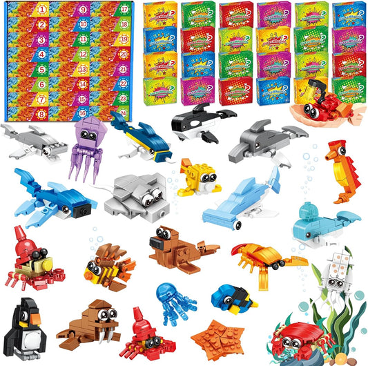 Party Favors for Kids - 24 Pack Ocean Animals Building Block Toy Goodie Bags Fillers Classroom Prizes Stuffers Gifts Building Set, Christmas Birthday Gift for Boys Girls Ages 6-12