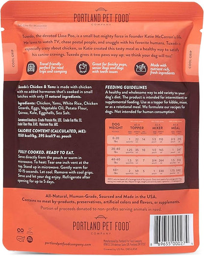 Portland Pet Food Company Tuxedo’s Chicken & Yams Fresh Dog Food Pouches - Human-Grade, Gluten-Free Wet Pet Meal Topper & Mix-Ins - Small & Large Breed Puppy & Senior Dogs - Made in The USA - 5 Pack