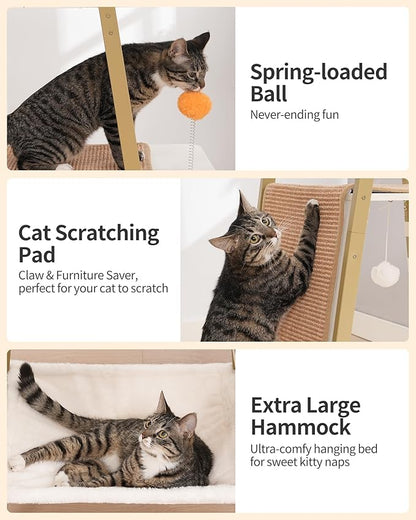 FourFurPets Modern Cat Tree, 58-Inch Cat Tower for Large Cats, Maine Coon Cat Tree with Scratching Board, Large Perch, Hammock and Removable Pads, White