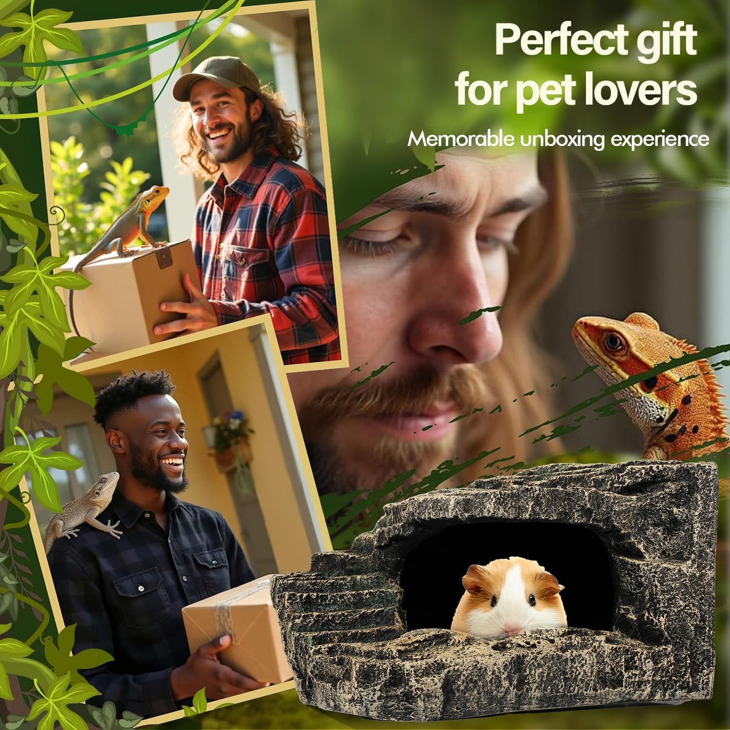 Reptile Hide, Great for Geckos, Snakes, Bearded Dragons & Lizards. with Steps for Rock Climbing, It Doubles as Aquarium Rock Cave Corner Cave for Climbing Hiding. (Stone, A-XLarge)