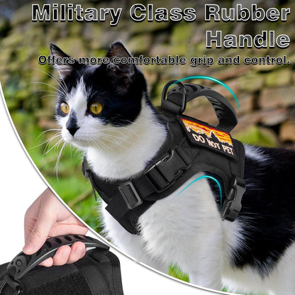 Tactical Cat Harness and Leash for Walking Esacpe Proof,Adjustable Soft Mesh Large Cat Vest with Rubber Handle Easy to Control,Molle Patches