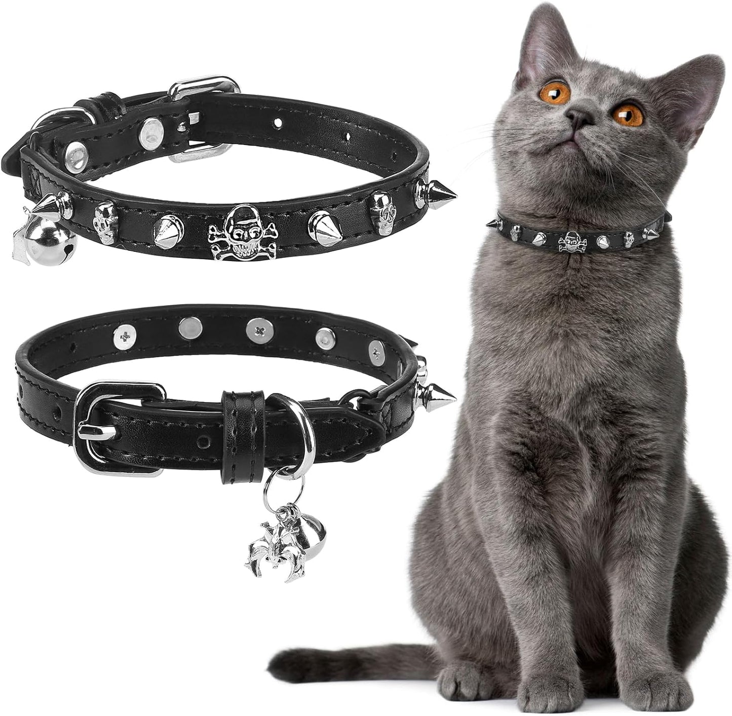 EXPAWLORER Halloween Cat Collar for Girl Boy- Adjustable Leather Pet Collar with Safety Elastic Belt,Personalized Punk Accessories Buckle Collars with Bell & Durable D-Ring, Rivet (Black)