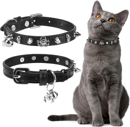EXPAWLORER Halloween Cat Collar for Girl Boy- Adjustable Leather Pet Collar with Safety Elastic Belt,Personalized Punk Accessories Buckle Collars with Bell & Durable D-Ring, Rivet (Black)