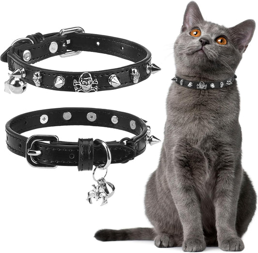 EXPAWLORER Halloween Cat Collar for Girl Boy- Adjustable Leather Pet Collar with Safety Elastic Belt,Personalized Punk Accessories Buckle Collars with Bell & Durable D-Ring, Rivet (Black)