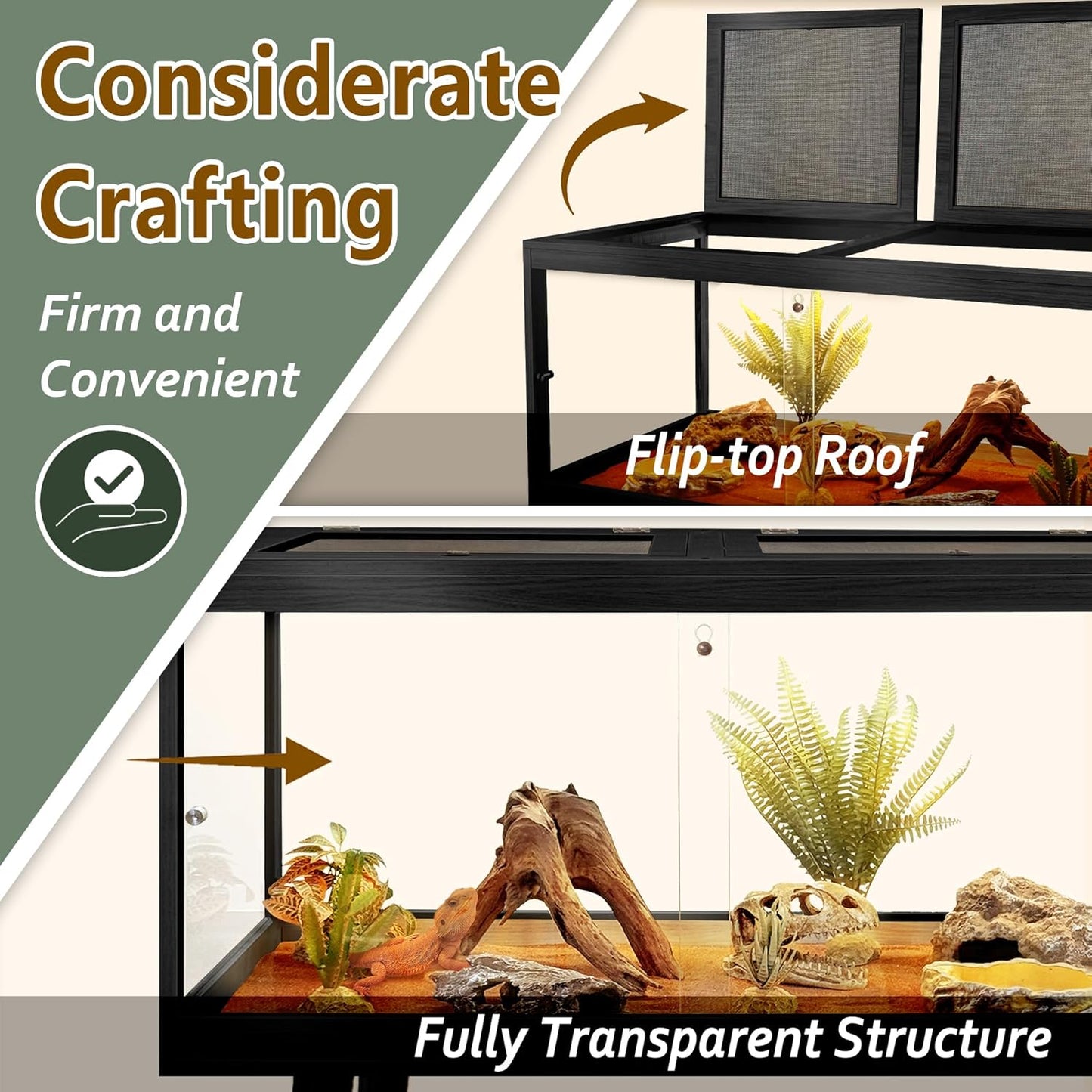 Prolee Tempered Glass Reptile Enclosure with Leg,32“ Scratch-Proof Bearded Dragon Tank,32 Gallon Lizard Tank with Metal Mesh Tops and Lockable Door,Spacious Reptile Habitat for Snake,Tortoises (Black)