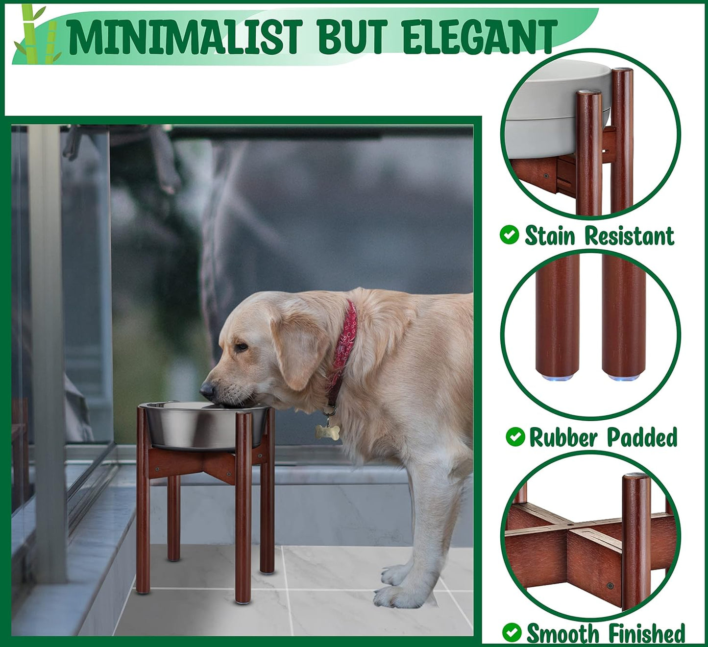 Stand for Dog Water/Food Bowl, Fountain Dishes and Feeders - Makes 14-inch High, Ideal for Large Breeds - Adjustable Sideways with Lock, Dark Wood - Bowls Not Included