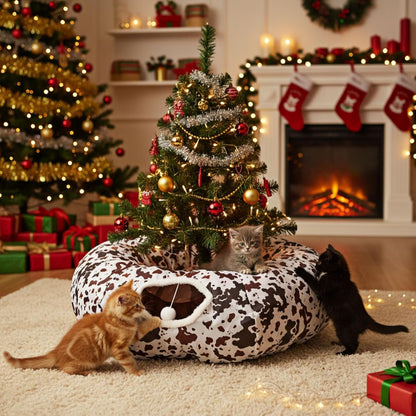 Cat Tunnel Bed Under Christmas Tree 36'' Kitten Circle Donut Tunnel Skirt with Ball Mat Decorative Xmas Folding Home Kitty Guard Tube Holiday Party Indoor Pet (Brown Black White,Cowhide)