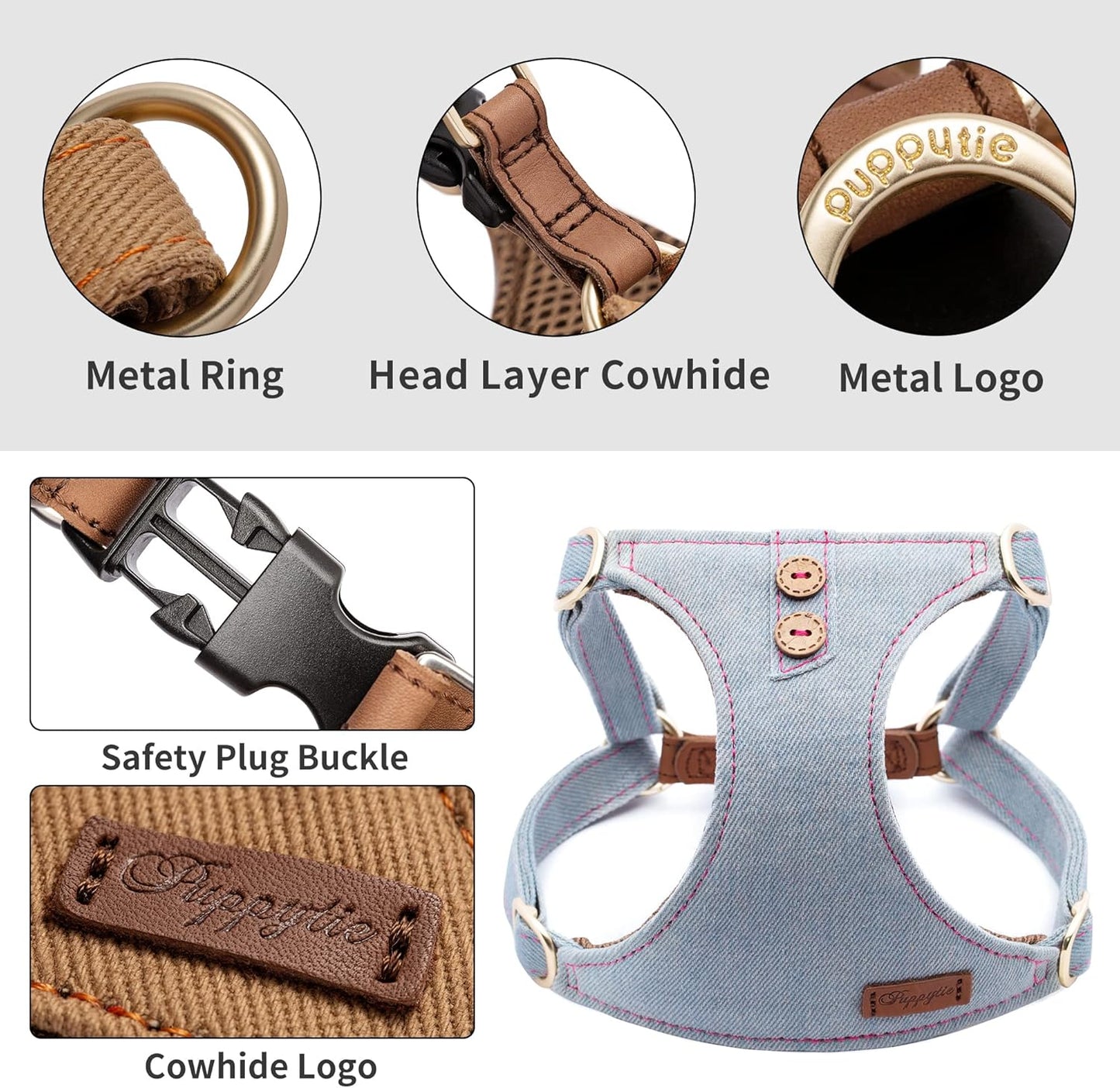 Dog Harness, No Pull Dogs Harness and Multi-Function Leash Set for Medium Dogs Easy Walk Everyday Adjustable Soft Dog Vest Harness Fashionable Dog Accessories Grey Blue-Button-M(16lb-35lb)