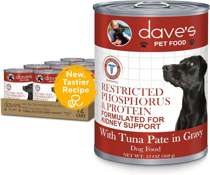 Dave's Pet Food Kidney Care Dog Food (Tuna Pate), New Recipe! Wet Renal Dog Food, Low Phosphorus, Renal Kidney Support, Vet Formulated, 13.2 oz, (12 Pack)