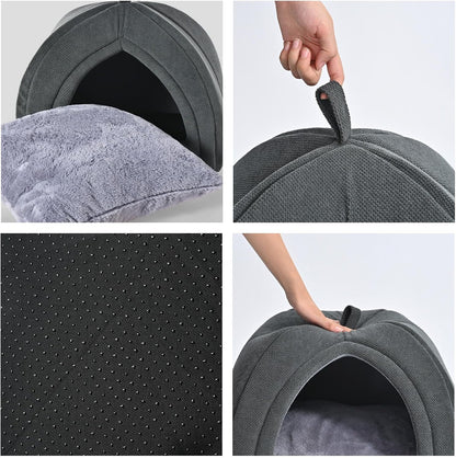 Amazon Basics Cat Cave Bed, 2-in-1 Foldable House for Indoor Cats, with Washable Cushion and Non-Slip Base, 15 x 15 Inches, Small