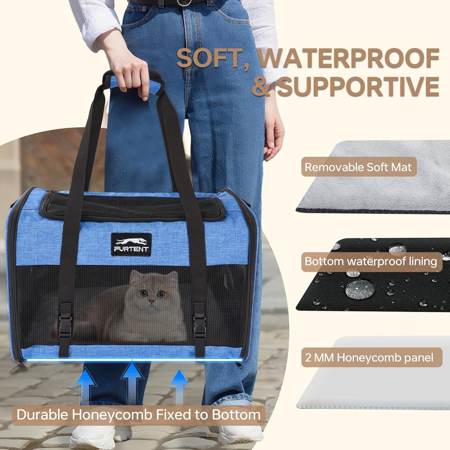 Large Cat/Dog Carrier up to 25 Pounds, Portable Soft Sided Pet Travel Carriers for Medium Big Cats and Puppy, Collapsible Puppy Crate Outdoor 20x13x13in, Dark Blue