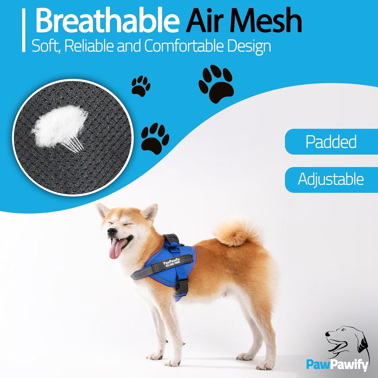 PawPawify Custom No Pull Dog Harness with Name and Phone Number, Heavy Duty Personalized Pet Vest to Prevent Tugging, Pulling, or Choking, Training and Walking (New Blue, L (Chest 23-30in))